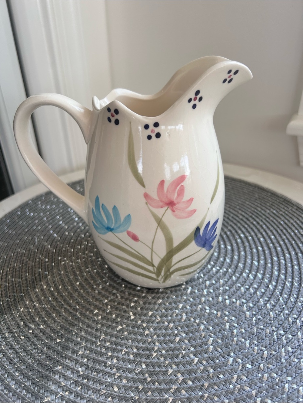 Vintage 1970s Roseville Pottery Floral Ceramic Pitcher Vase vessel W Handle